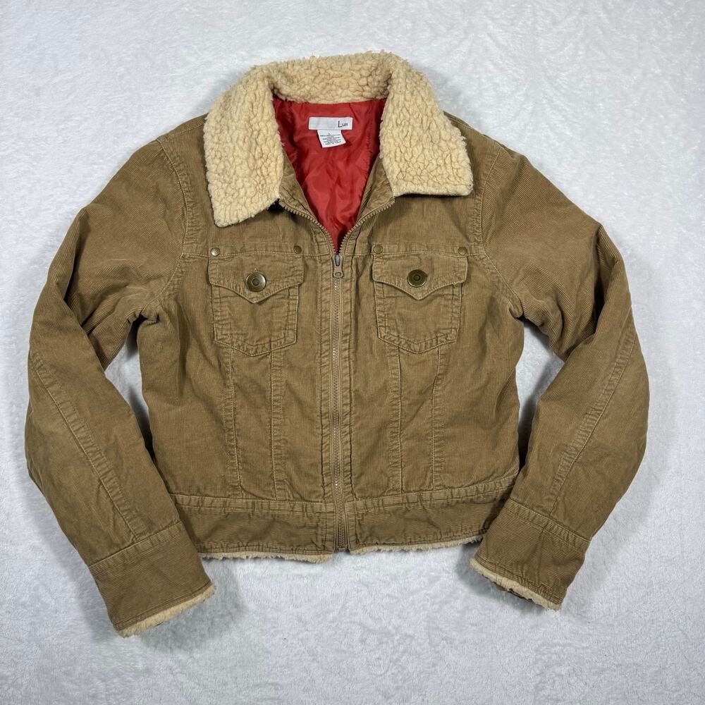 LUII Brown Corduroy Jacket Women's L Sherpa Lined Trim Y2K Zip Up Chest Pockets